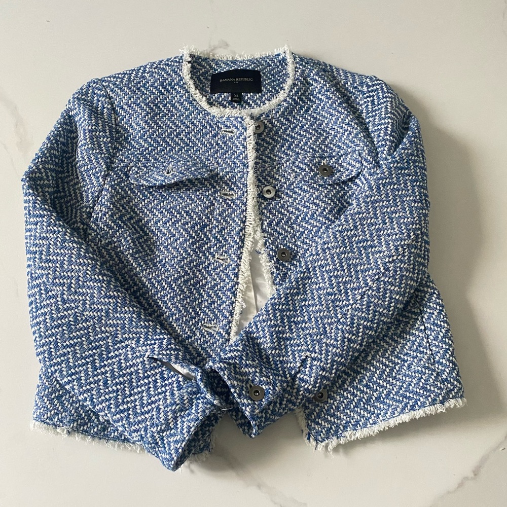 Banana Republic Blue and White Tweed Cropped Jacket